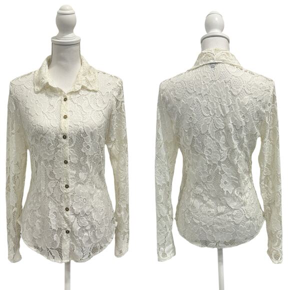 GUESS Y2K Cloud White Stretch Floral Lace Button Blouse Office Career Coquette - Picture 1 of 10